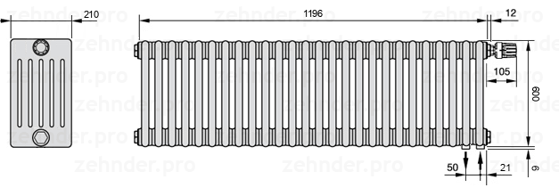 Схема (чертеж) Радиатор Zehnder Charleston 6060/26 №V002 Белый глянцевый RAL 9016
